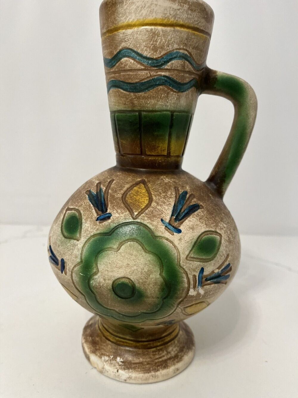 Vase Mexican Clay Pottery Hand Painted 9" w Handle